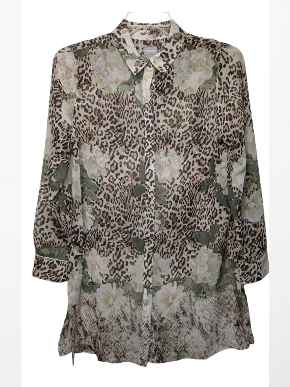 Chicos 1 Leopard Floral Blouse 8/10 Medium Sheer Mix Animal Print